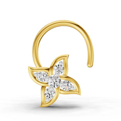 14K Yellow Gold 0.04 Carat Diamond Round Shape Floral Nose Pin