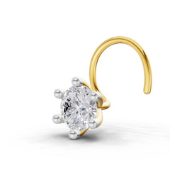 14K Gold 0.10 Ct Diamond Round Shape 6 Prong Solitaire Nose Pin.