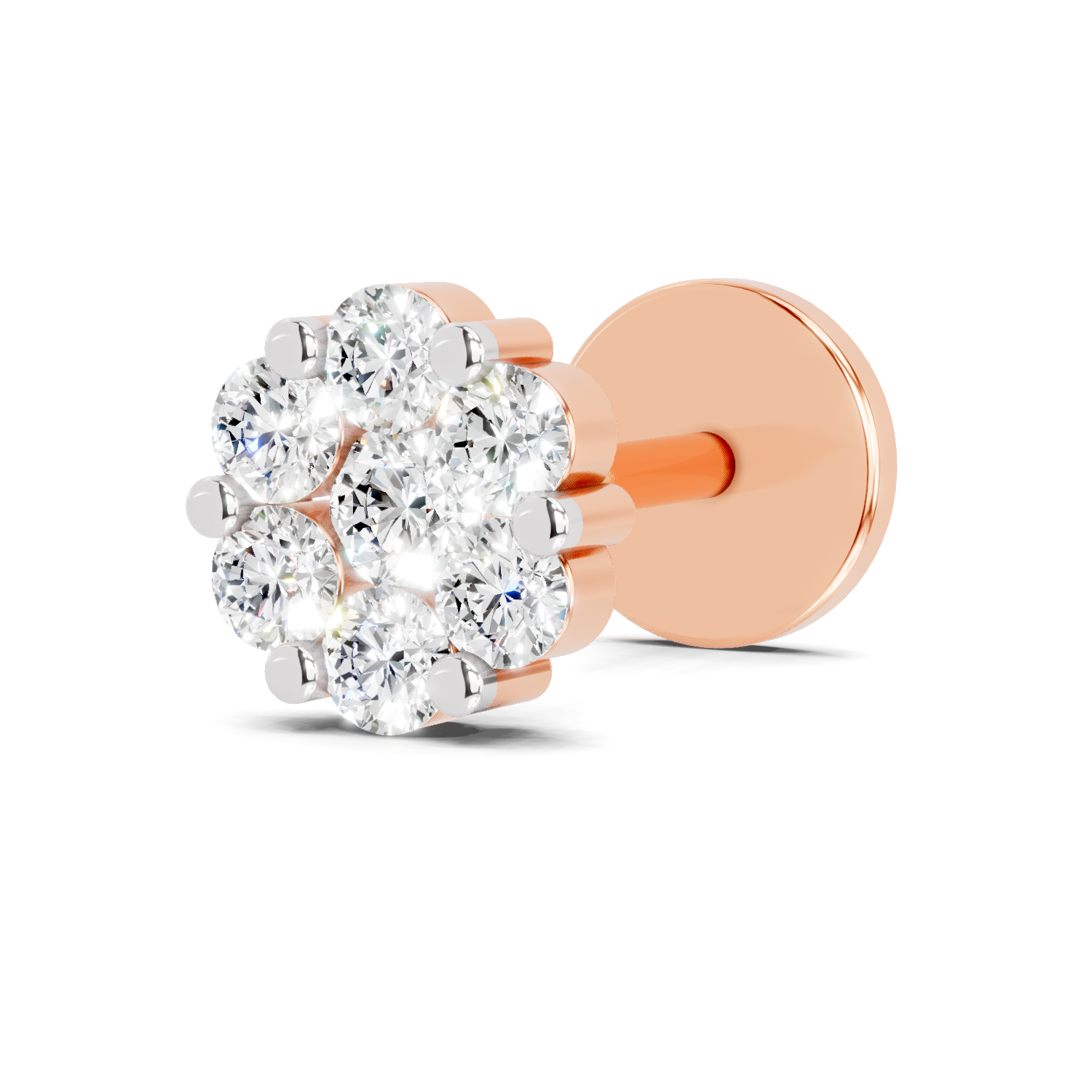 14K Yellow Gold 0.09 Carat Diamond Round Shape Floral Nose Pin