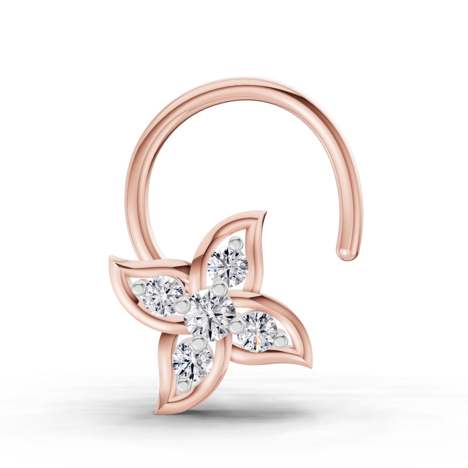 14K Yellow Gold 0.04 Carat Diamond Round Shape Floral Nose Pin