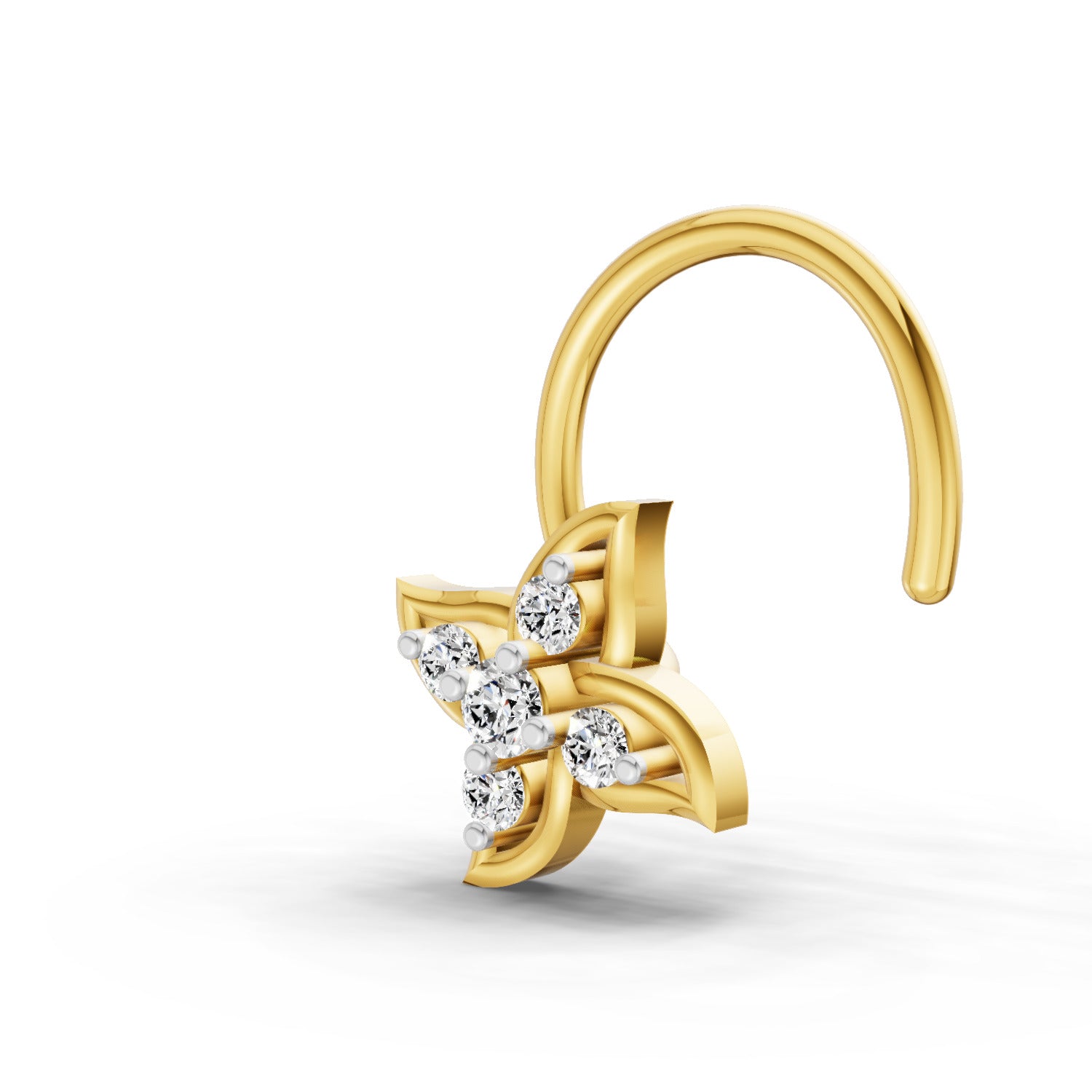 14K Yellow Gold 0.04 Carat Diamond Round Shape Floral Nose Pin