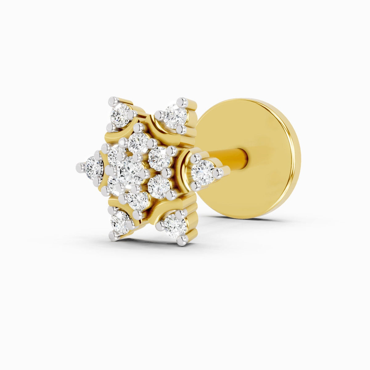14K Yellow Gold-Screw 0.05 Carat Diamond Round Shape Snowflake Shine Nose Pin