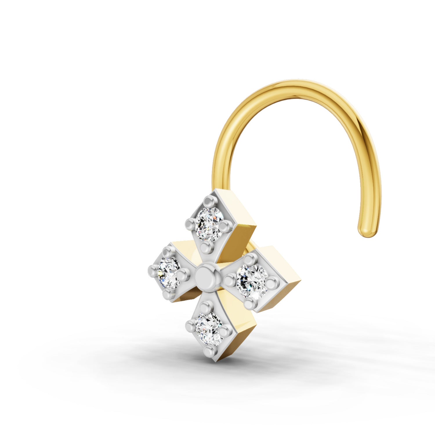 14K Yellow Gold 0.04 Carat Diamond Round Shape Classic Cross Nose Pin